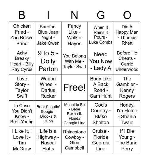 Country Music Bingo Card