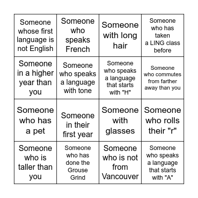 LING 101 Bingo Card