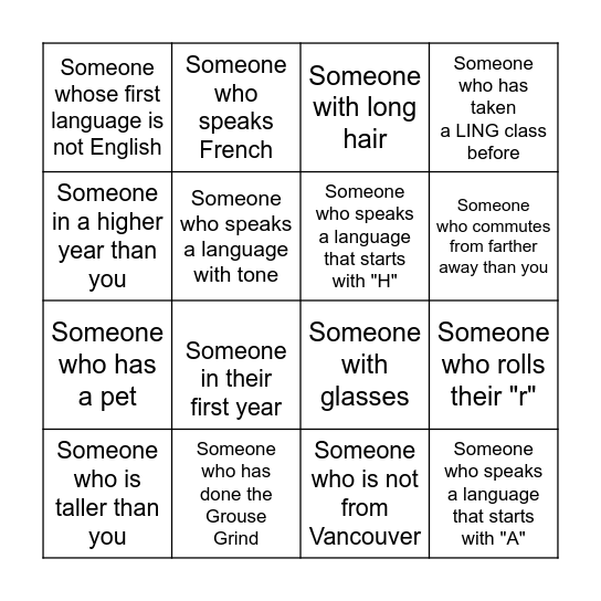 LING 101 Bingo Card