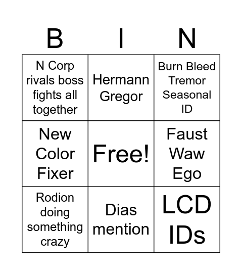 Canto X Bingo Card
