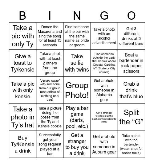 Ty and Kenzie Bar Bingo Card