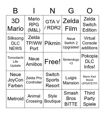 Zelda + Direct Predictions Bingo Card