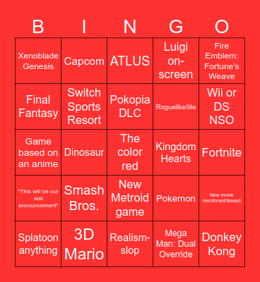 Nintendo Direct 09.09.26 Bingo Card