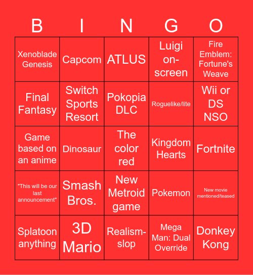 Nintendo Direct 09.09.26 Bingo Card