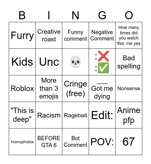 YT COMMENTS Bingo Card