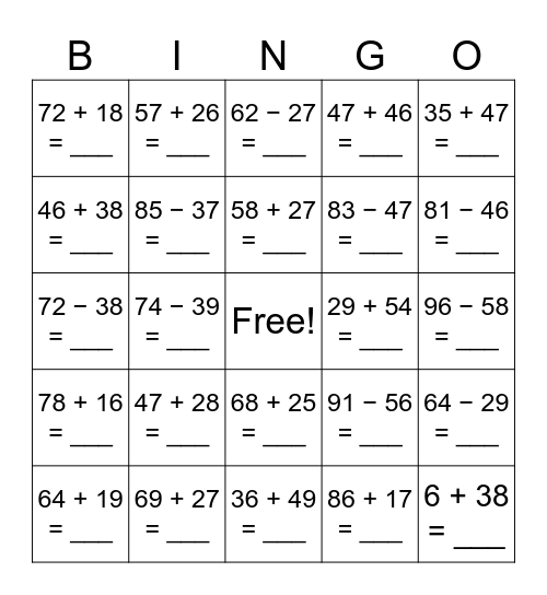 Math BINGO Card