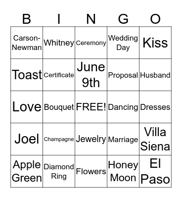 Whitney's Bachelorette Party Bingo Card