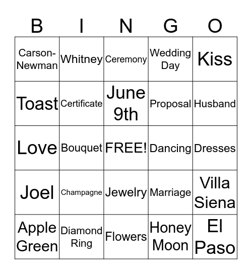 Whitney's Bachelorette Party Bingo Card