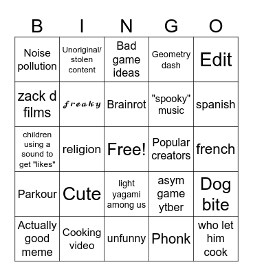 SHORTS BINGOO Bingo Card