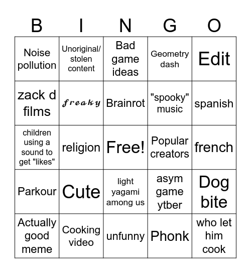 SHORTS BINGOO Bingo Card