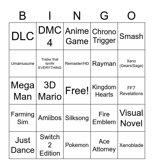 September Nintendo Direct 2026 Bingo Card