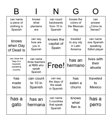 Bienvenido a la clase! Find someone who... Bingo Card