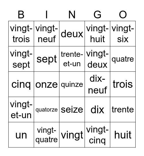 Les numéros français en mots Bingo Card