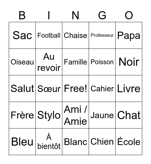 Les mots en francais Bingo Card