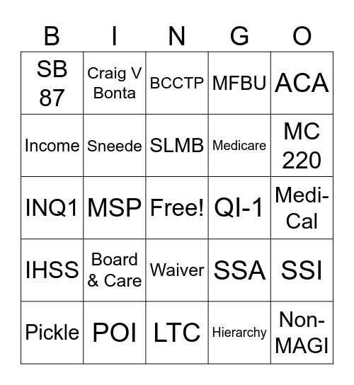 Non-MAGI Bingo Card