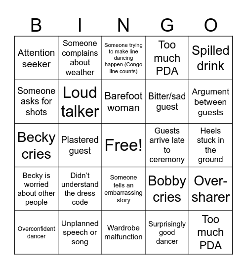 Becky & Bobby's Wedding Bingo Card
