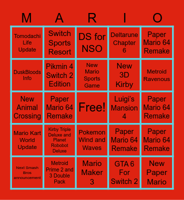 Nintendo Direct 9.9.26 Bingo Card