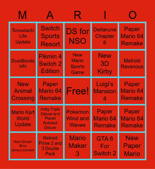 Nintendo Direct 9.9.26 Bingo Card