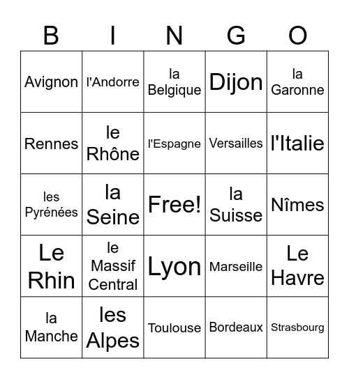 La Géographie de la France Bingo Card