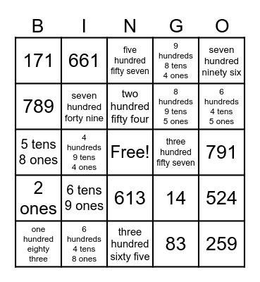 Place Value Bingo Card