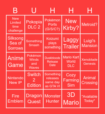 Nintendo Direct 100% Accurate Predictions Bingo Card