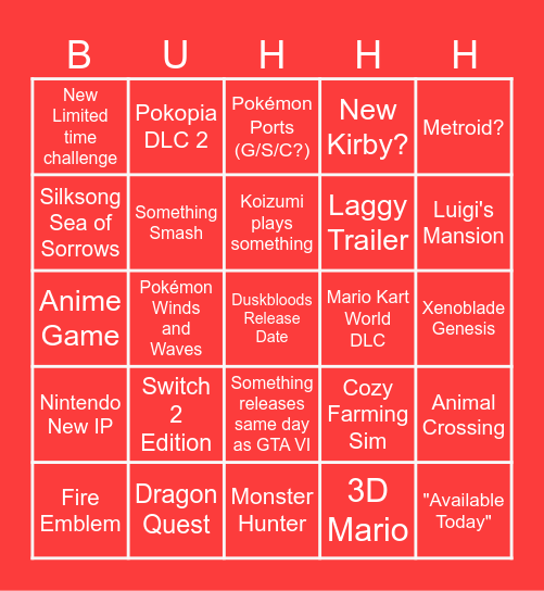 Nintendo Direct 100% Accurate Predictions Bingo Card