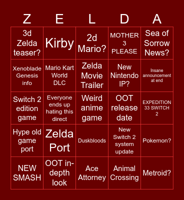 ZELDA + NINTENDO DIRECT BINGO Card
