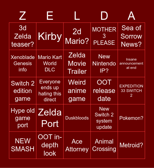 ZELDA + NINTENDO DIRECT BINGO Card