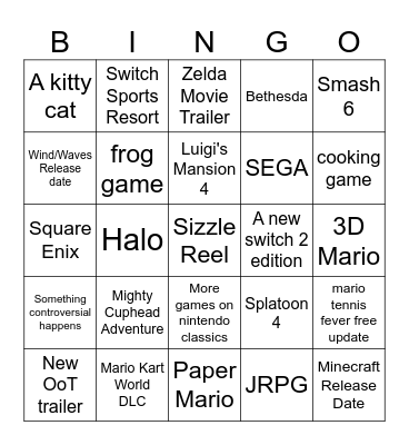 Nintendo Direct 2026 Bingo Card