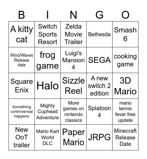 Nintendo Direct 2026 Bingo Card