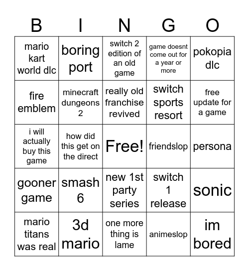 nintendo direct bingo Card
