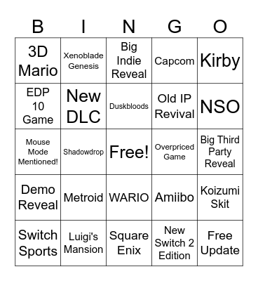 Nintendo Direct Bingo Card