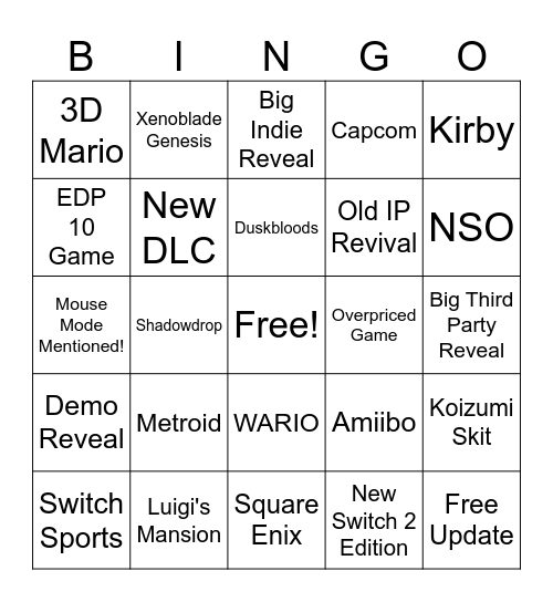 Nintendo Direct Bingo Card