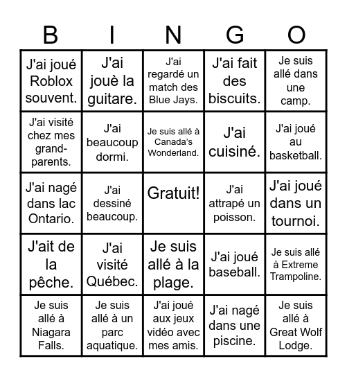 Pendant l'été (2)...... Bingo Card