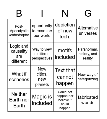 Sci-fi, Fantasy, Speculative Fiction Bingo Card