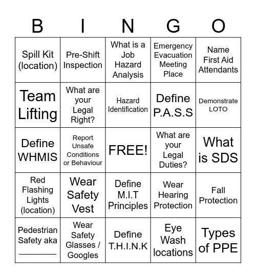 SAFETY BINGO Card