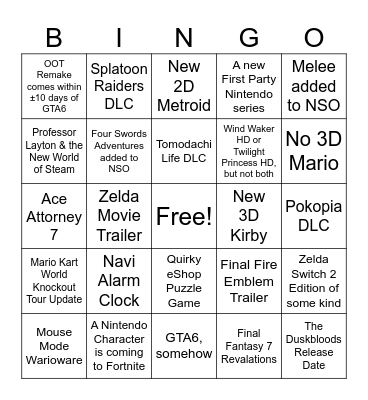 Nintendo Direct Double Header Bingo Card