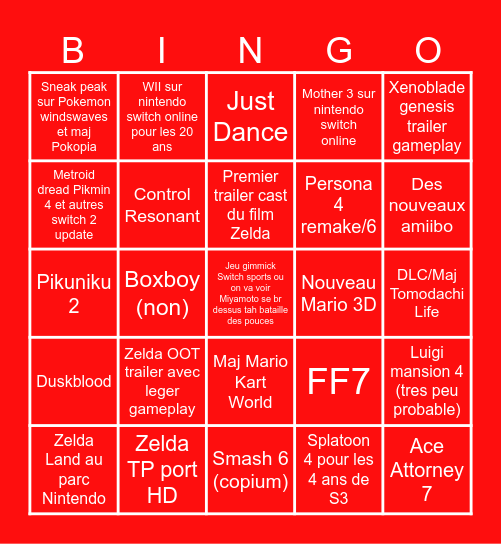 NINTENDO DIRECT Bingo Card
