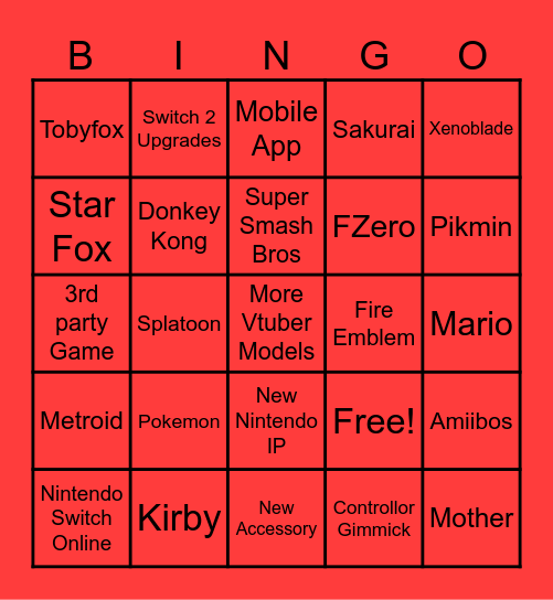 Nintendo Direct 9/9 Bingo Card