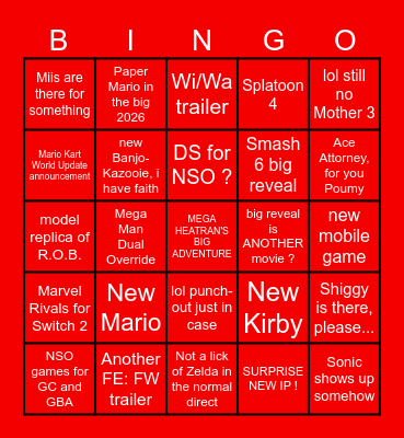 NINTENDO DIRECT 9.9.2026 Bingo Card
