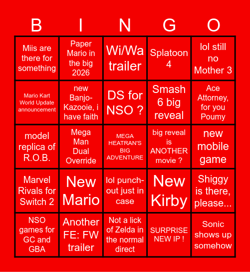 NINTENDO DIRECT 9.9.2026 Bingo Card