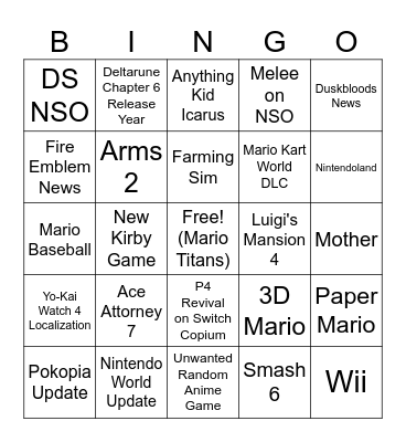 9/9 Nintendo Direct Bingo Card