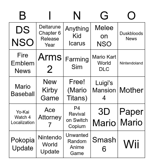 9/9 Nintendo Direct Bingo Card