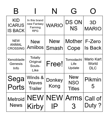 Nintendo Direct 9 / 9 Bingo Card