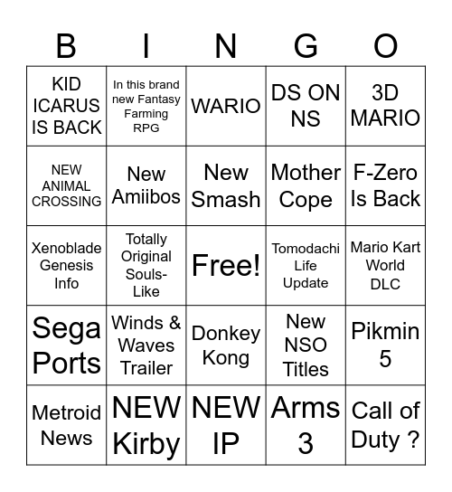 Nintendo Direct 9 / 9 Bingo Card