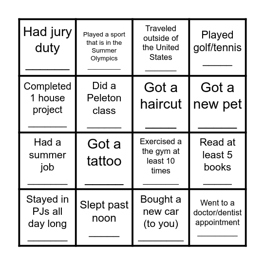 Teacher Summer Vacation Bingo Card