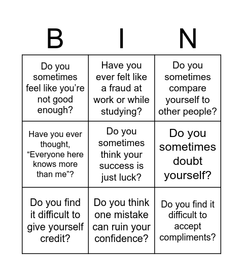 Imposter Syndrome Bingo Card