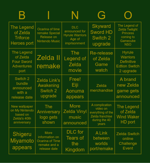 The Legend of Zelda 40th Anniversary Direct Bingo Card
