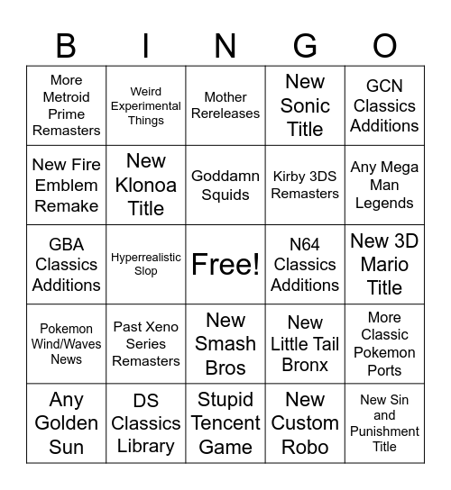 Nintendo Direct 9/9/26 Bingo Card
