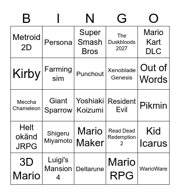 Nintendo Direct 9/9 Bingo Card